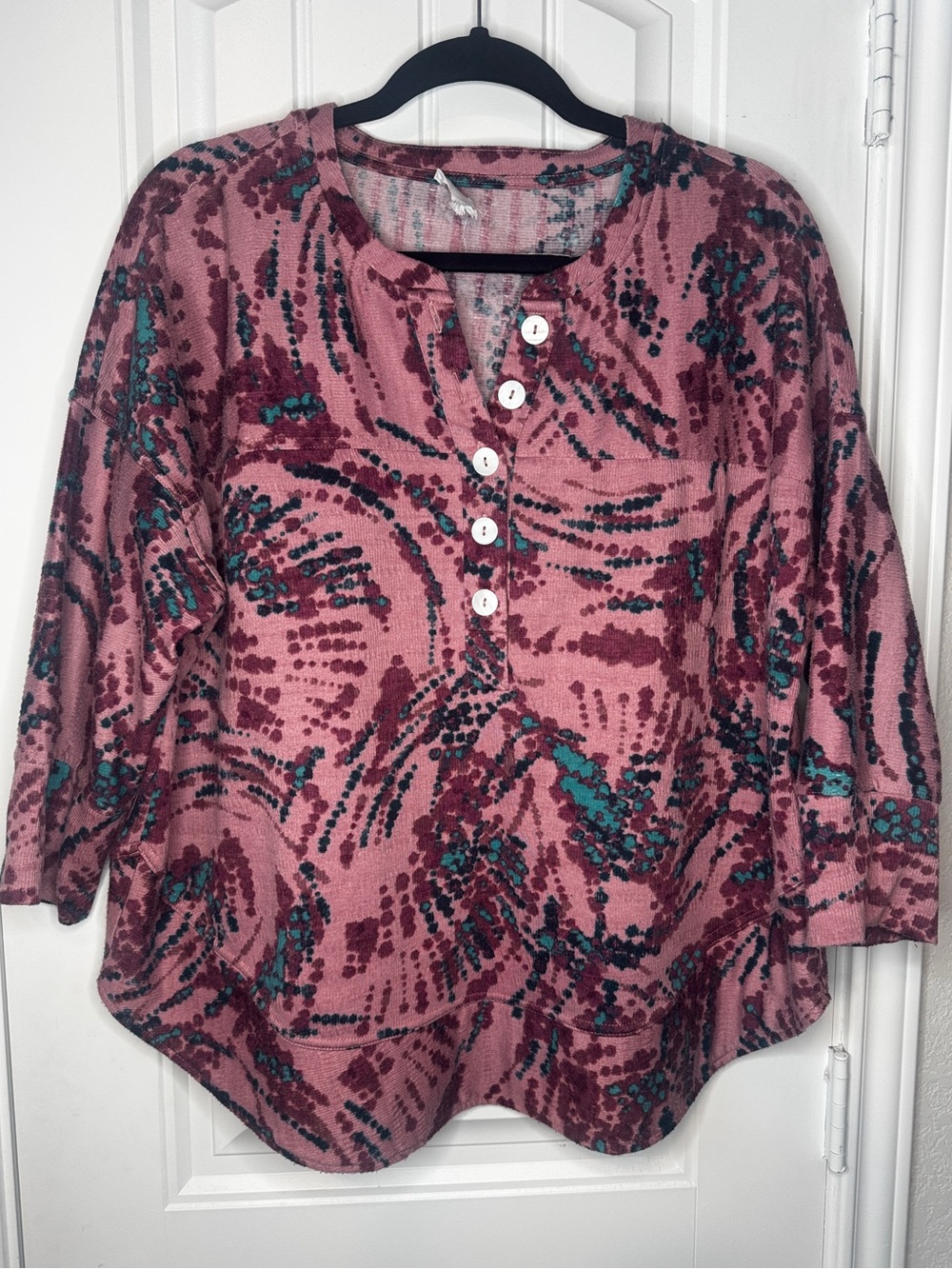 Westbound Rose Pink Patterned Henley Tunic with Teal & Burgundy Accents